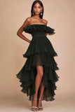 Dark Green A Line Strapless Tiered High-Low Formal Dress