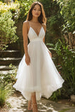 White Tulle Deep V Neck Long A Line Engagement Dress