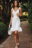 White Chiffon A Line Short V-Neck Graduation Dress with Ruffles