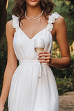 White Chiffon A Line Short V-Neck Graduation Dress with Ruffles
