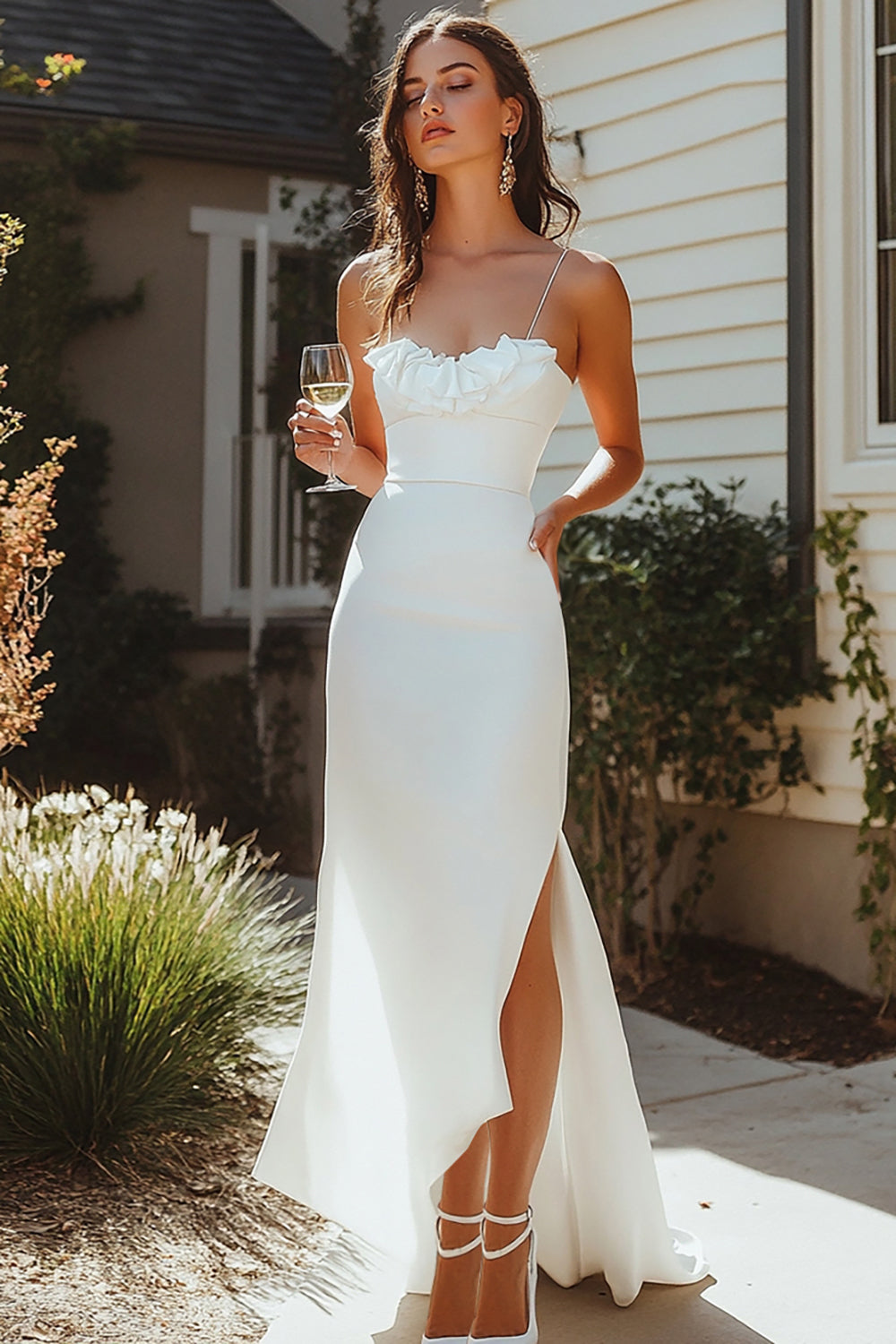 White Satin Spaghetti Straps Long Engagement Dress with Slit