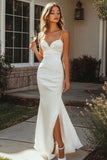 White Satin Sweetheart Long Mermaid Engagement Dress with Slit