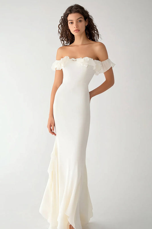 White Chiffon Mermaid Long Engagement Dress with Ruffles