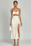 Ivory Two Piece Satin Bodycon Long Engagement Dress with Slit