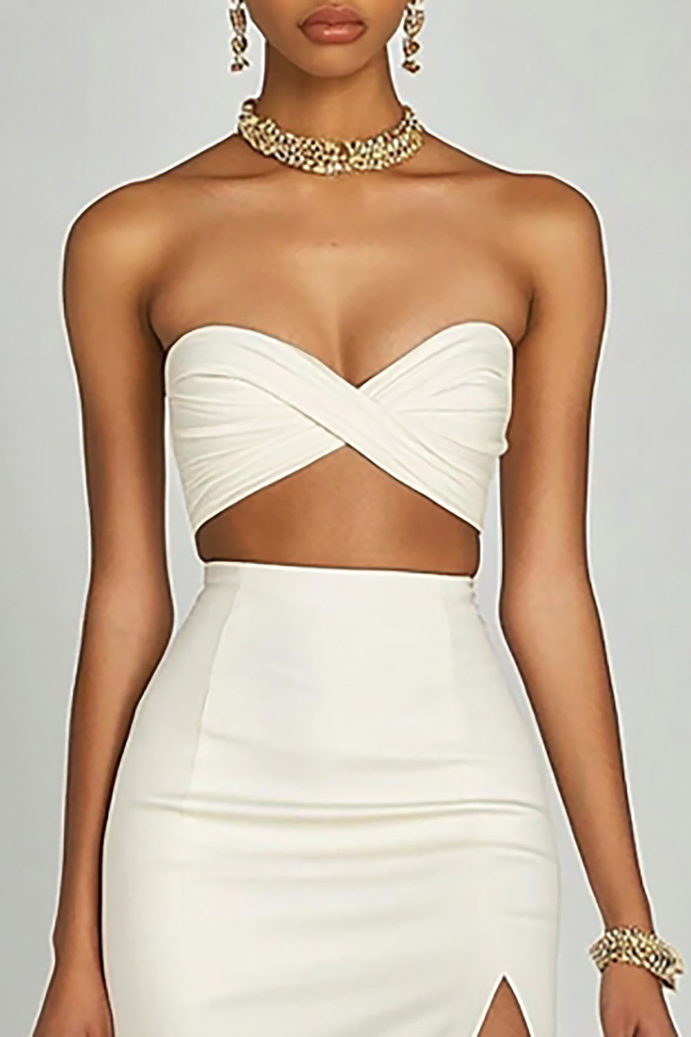 Ivory Two Piece Satin Bodycon Long Engagement Dress with Slit