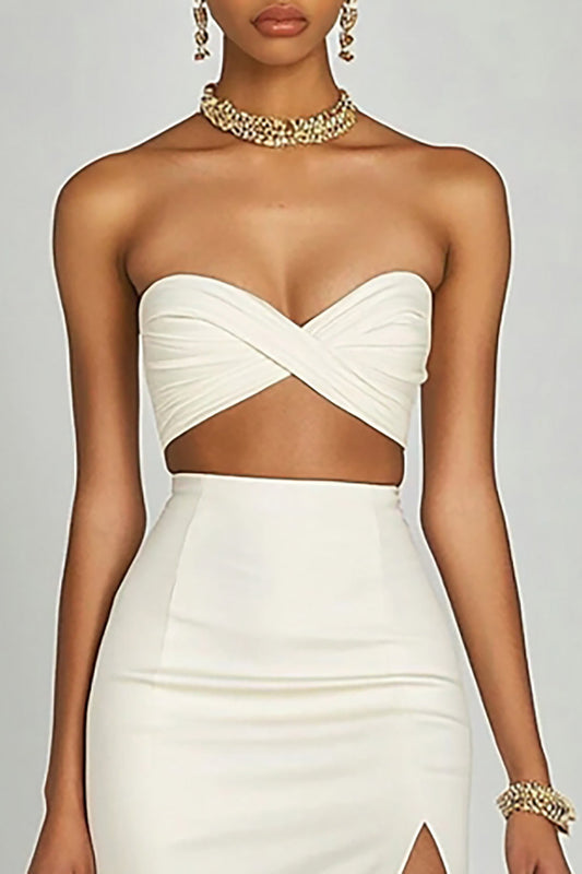 Ivory Two Piece Satin Bodycon Long Engagement Dress with Slit