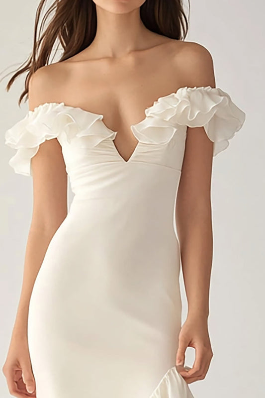 Ivory Off the Shoulder Long Satin Engagement Dress with Ruffles