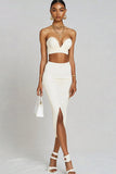 White Sweetheart Two Piece Satin Midi Engagement Dress with Slit