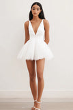 White A Line Tulle Short V Neck Graduation Dress