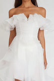 White Organza Off the Shoulder High-Low Graduation Dress with Ruffles