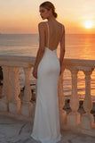 White Satin Ruched Mermaid Round Neck Boho Wedding Dress