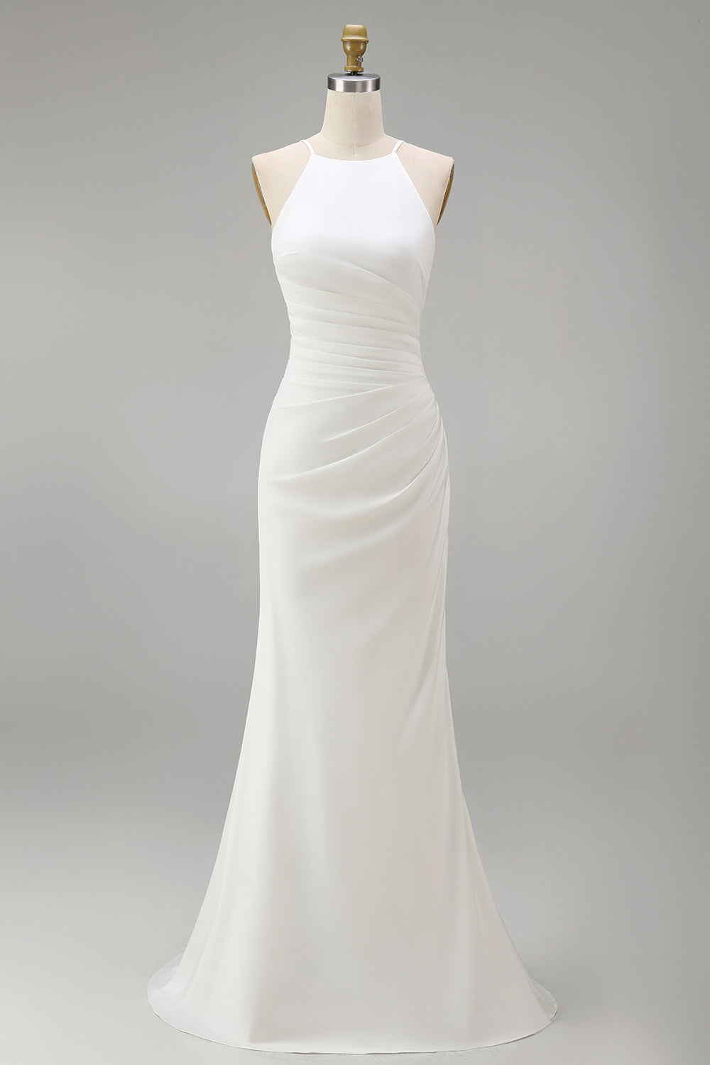 Black Mermaid Satin Round Neck Ruched Long Formal Dress