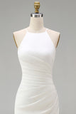 Black Mermaid Satin Round Neck Ruched Long Formal Dress