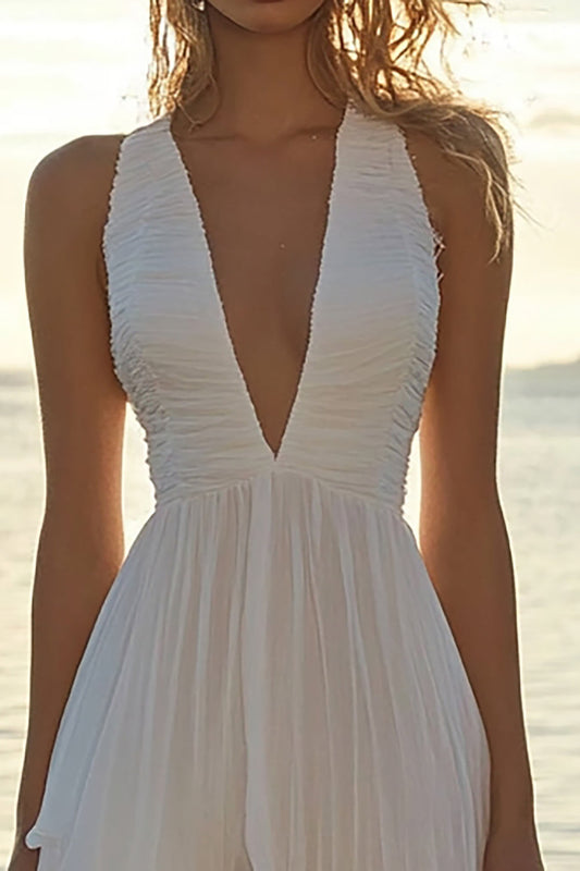 White V-Neck Chiffon High-Low V Neck A Line Graduation Dress