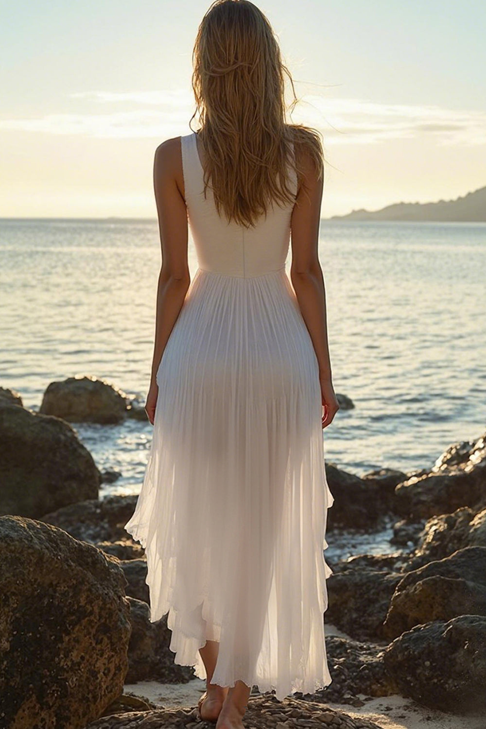 White V-Neck Chiffon High-Low V Neck A Line Graduation Dress