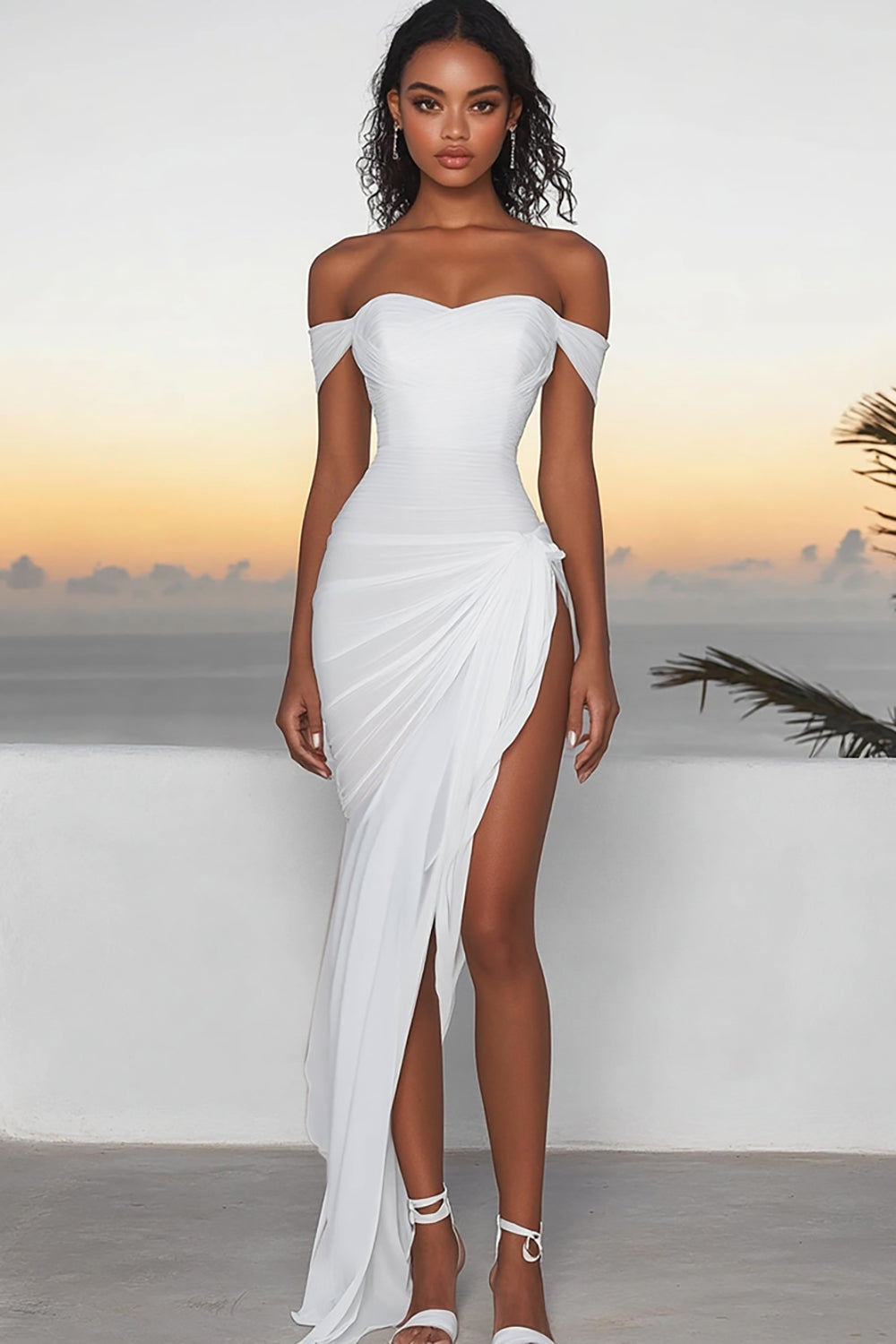 White Off The Shoulder Asymmetrical Engagement Dress