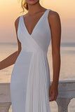White Chiffon V Neck Boho Wedding Dress with Pleats