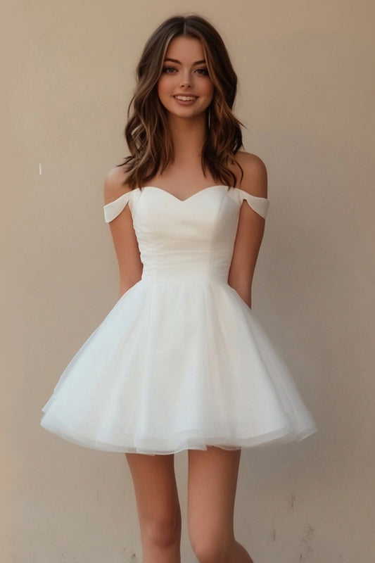 White  A Line Tulle Off The ShoulderShort Graduation Dress