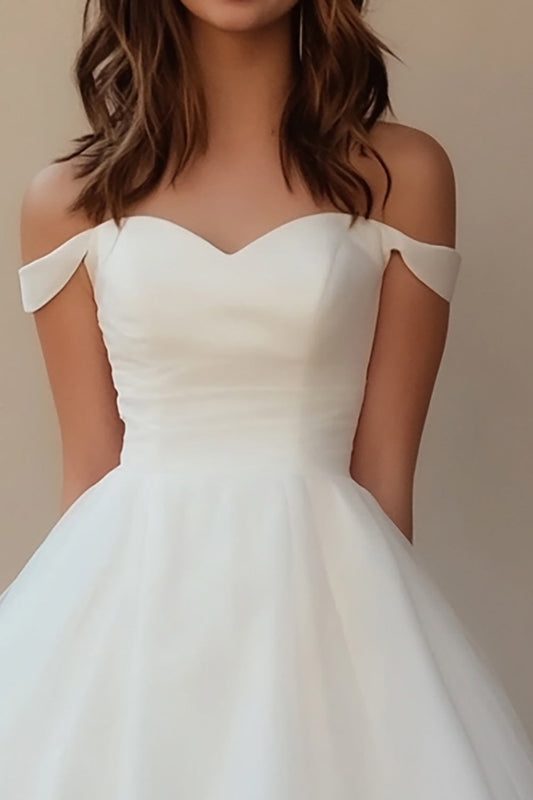 White  A Line Tulle Off The ShoulderShort Graduation Dress