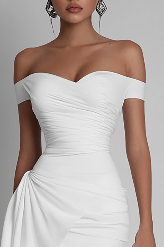 White Satin Bodycon Off The Shoulder Short Graduation Dress