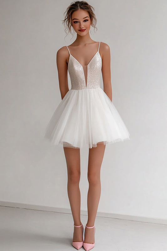Sparkly Ivory Spaghetti Straps Short A Line Graduation Dress with Sequins