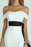White and Black Bodycon  Satin Midi Engagement Dress with Slit