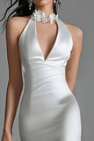 White Satin Keyhole High Neck High-Low Mermaid Engagement Dress