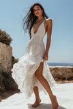 White Black Dots A Line Chiffon V Neck Boho Maxi Dress with Ruffles