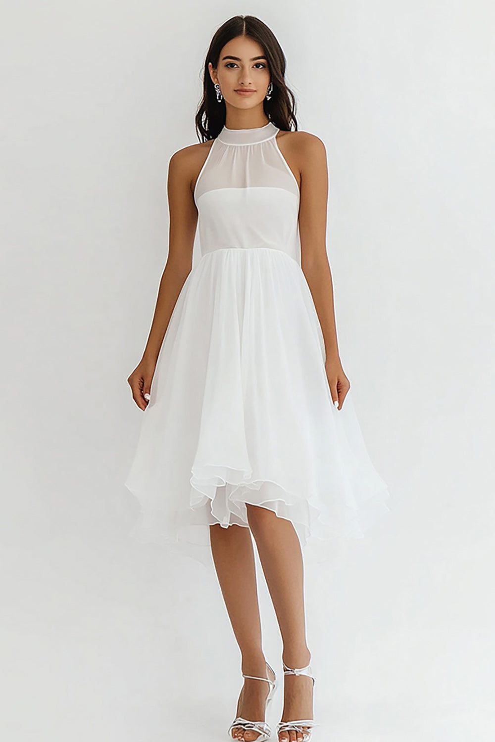 White A Line Chiffon High Neck Midi Graduation Dress