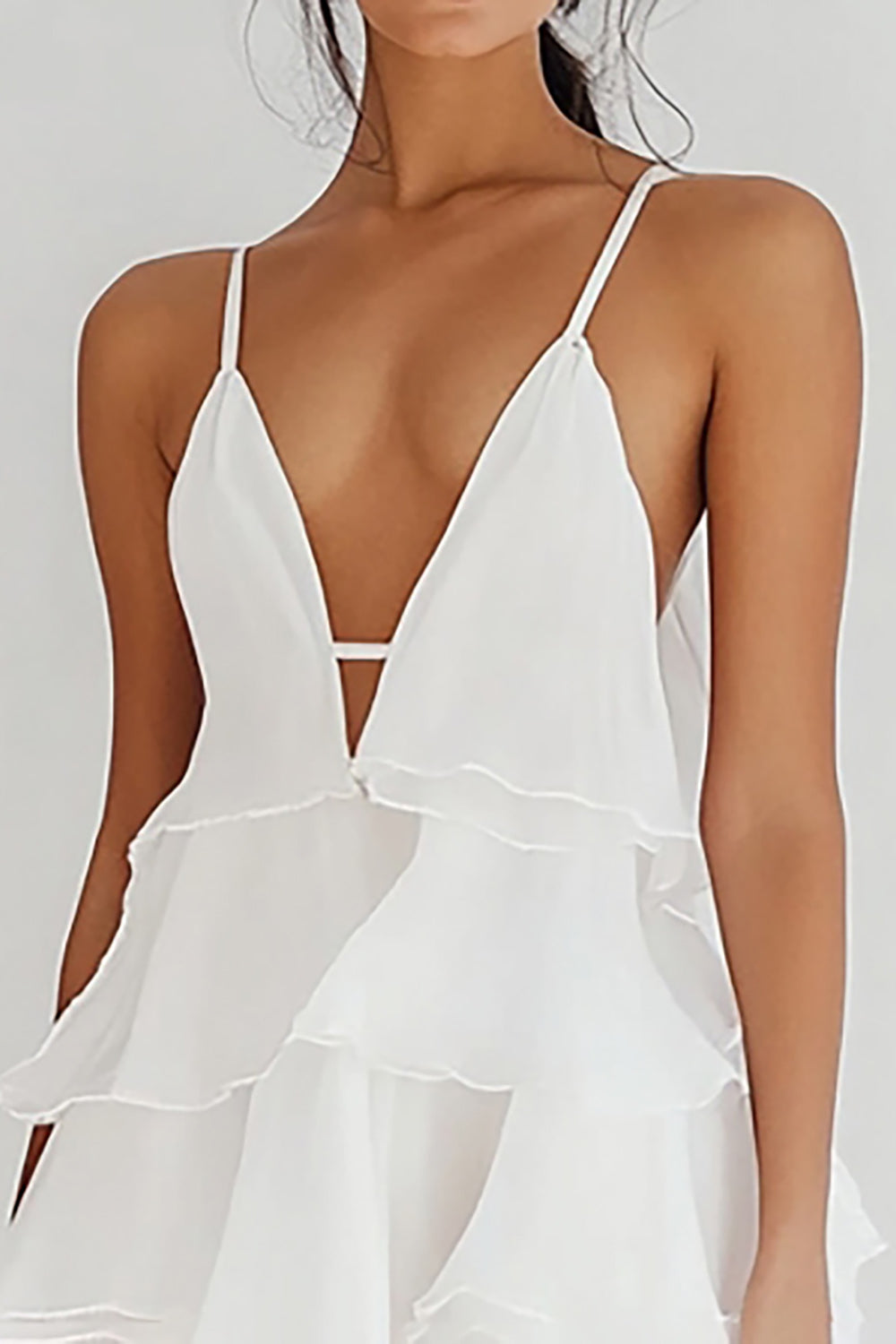 White Chiffon Deep V Neck Short A Line Graduation Dress with Ruffles