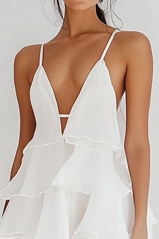 White Chiffon Deep V Neck Short A Line Graduation Dress with Ruffles