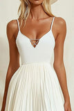Ivory Short V-Neck Spaghetti Straps A Line Graduation Dress with Pleats