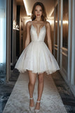Ivory Sequins Short Deep V Neck A Line Graduation Dress