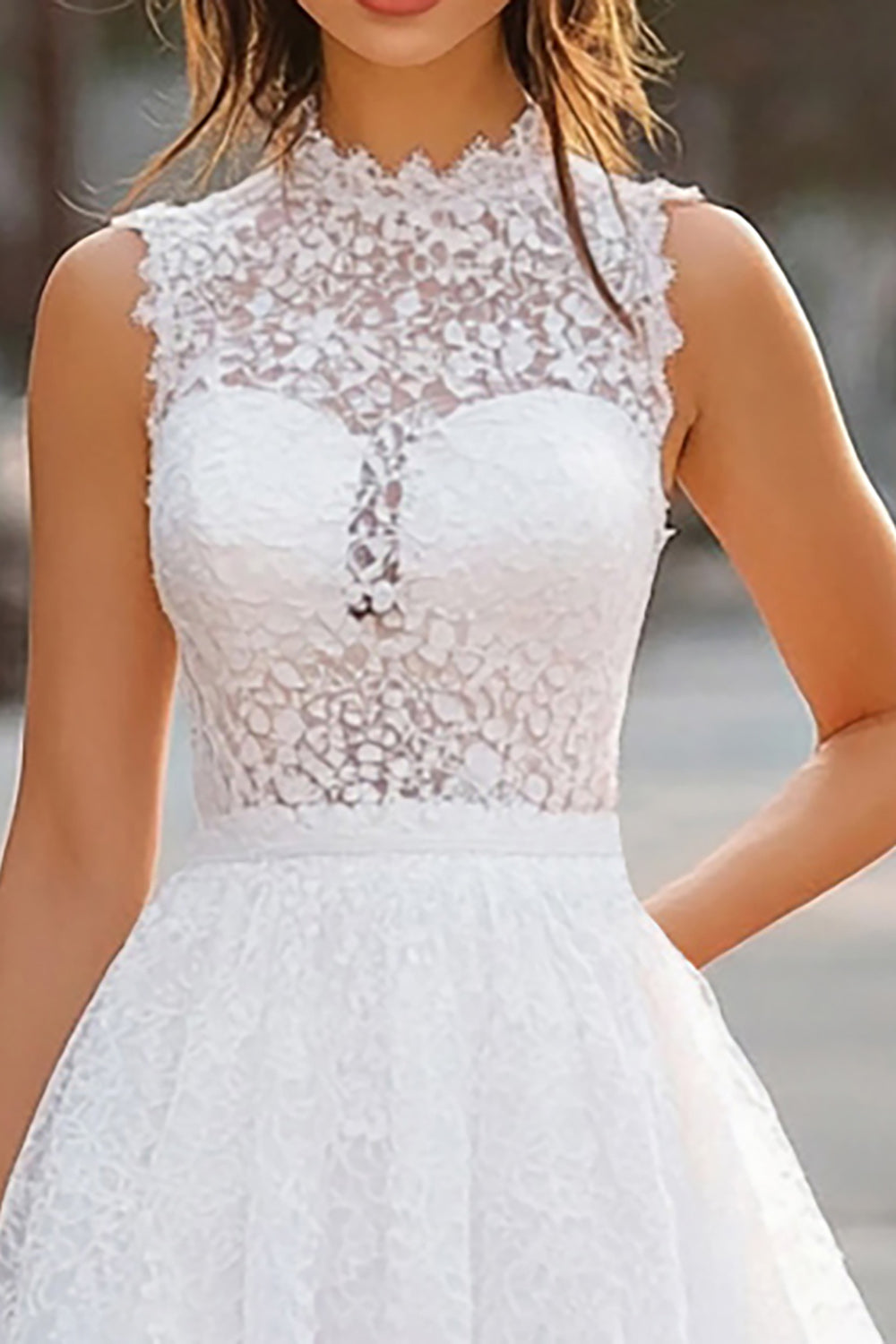 White High Neck Short A Line Graduation Dress with Lace