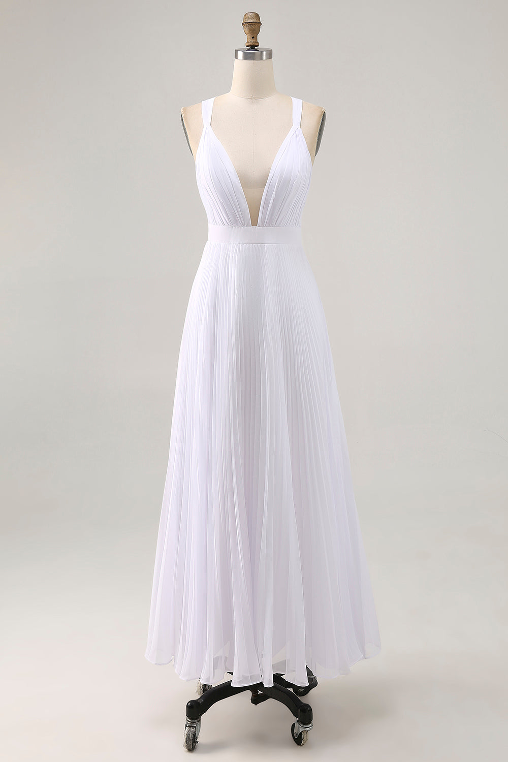 White Chiffon Long Engagement Dress with Pleats A Line V Neck Rehearsal Dinner Dress