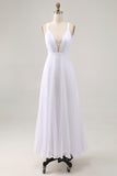 White Chiffon Long Engagement Dress with Pleats A Line V Neck Rehearsal Dinner Dress