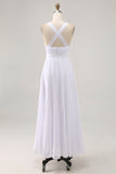White Chiffon A Line V Neck Long Engagement Dress with Pleats