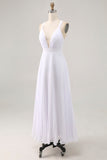 White Chiffon A Line V Neck Long Engagement Dress with Pleats