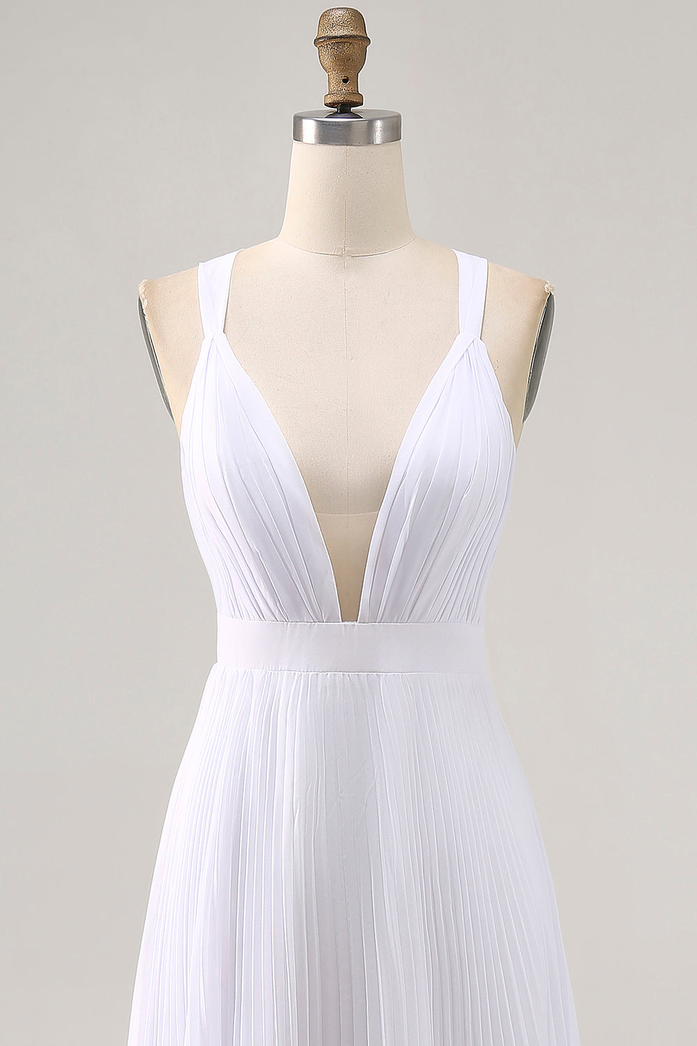 White Chiffon A Line V Neck Long Engagement Dress with Pleats