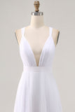 White Chiffon A Line V Neck Long Engagement Dress with Pleats
