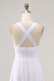 White Chiffon A Line V Neck Long Engagement Dress with Pleats
