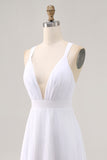 White Chiffon A Line V Neck Long Engagement Dress with Pleats