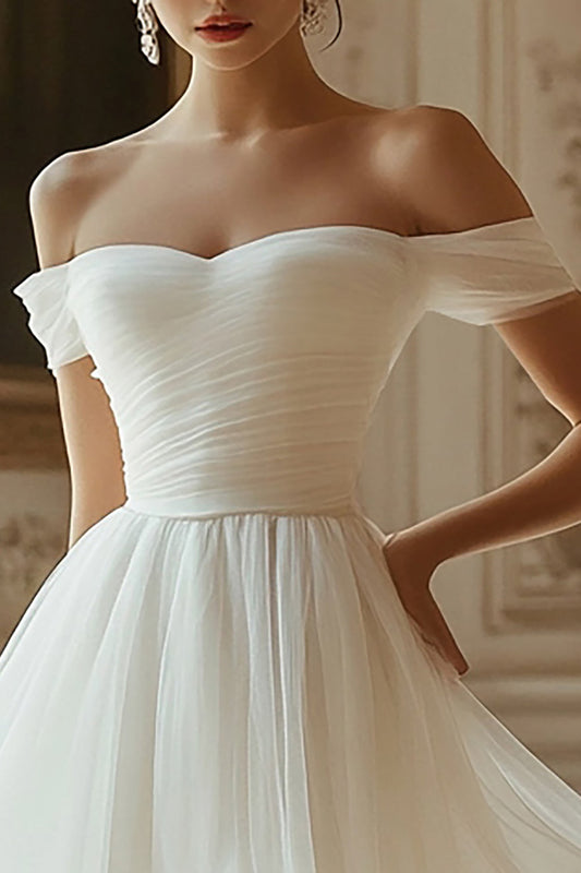 Ivory Organza Off The Shoulder Short A Line Graduation Dress
