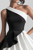 Black and White Satin A Line One Shoulder Pleated Short Cocktail Dress