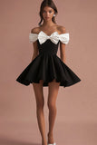 Black and White Satin Off the Shoulder Cocktail Dress with Bow