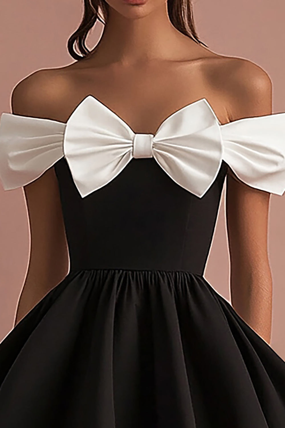 Black and White Satin Off the Shoulder Cocktail Dress with Bow