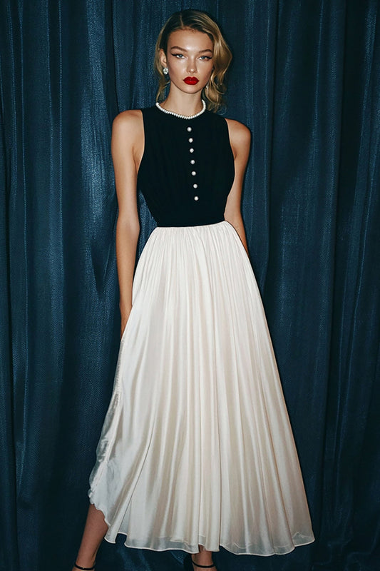 Vintage Black and White Round Neck Chiffon Long A Line Formal Dress