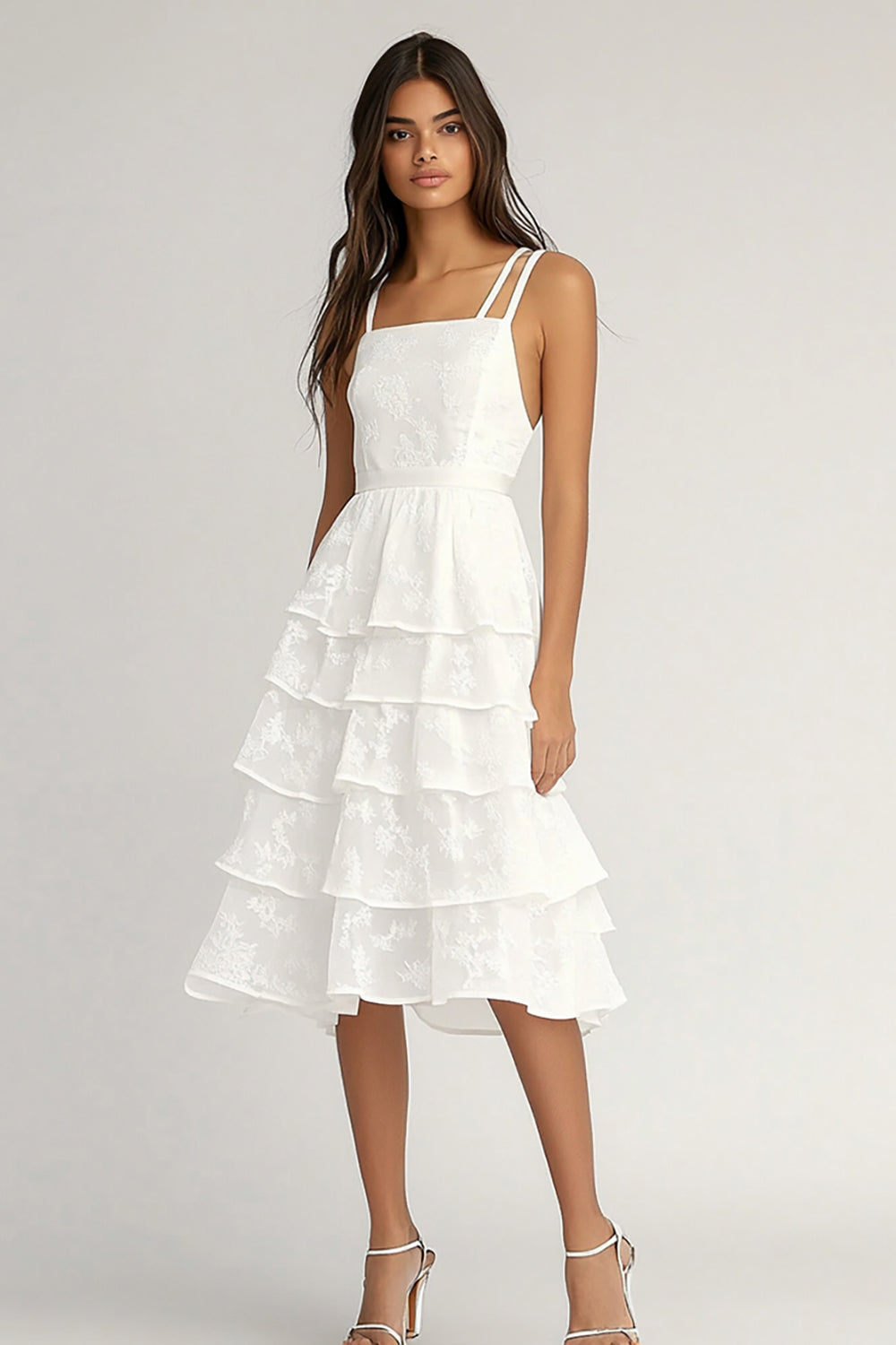 Ivory Chiffon Square Neck Midi A Line Graduation Dress