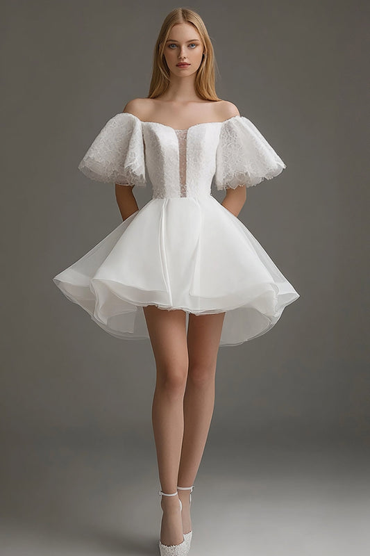 White Organza A Line Off The Shoulder Short Graduation Dress
