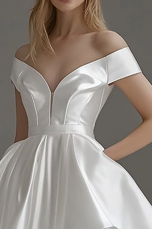 White Satin Off The Shoulder A Line Short Graduation Dress
